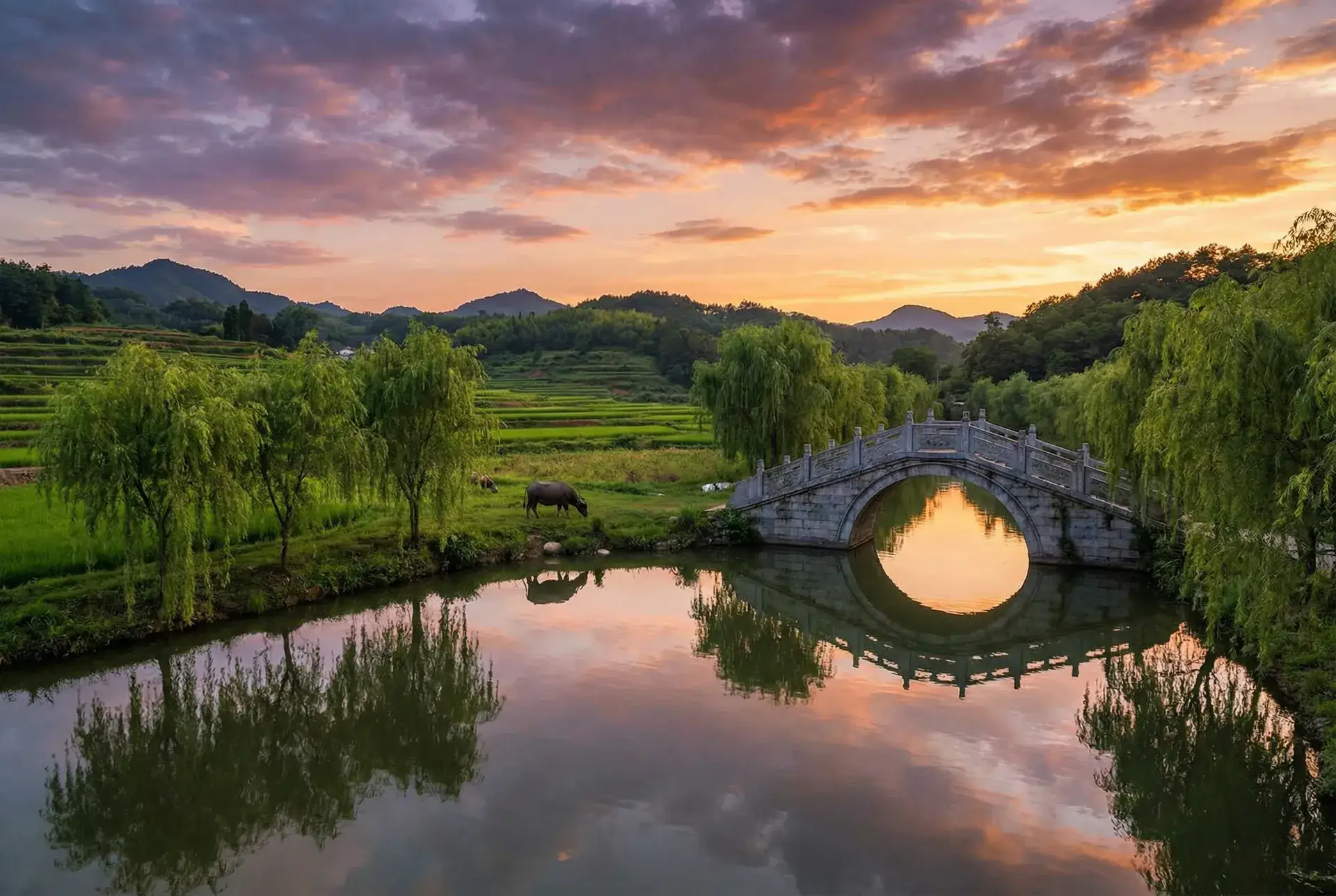 夕阳下的石拱桥与垂柳，水牛在河边吃草 - 庶妃专宠记 乡村美景